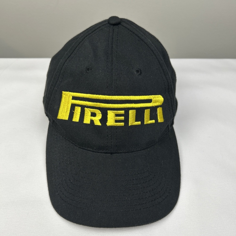 PIRELLI Hat Black Strapback Embroidered Spellout Dad Cap Racing Tires Yellow